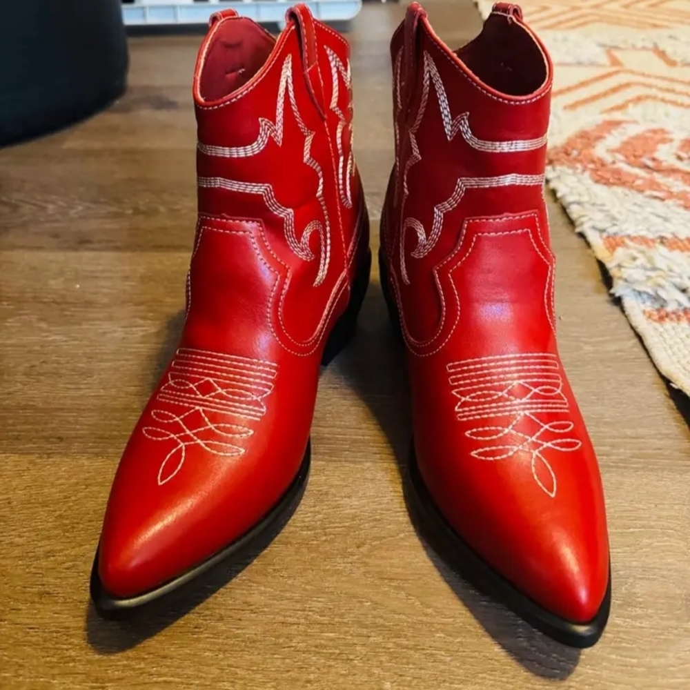 MIA Red Western-Inspired Pointed Ankle Booties
